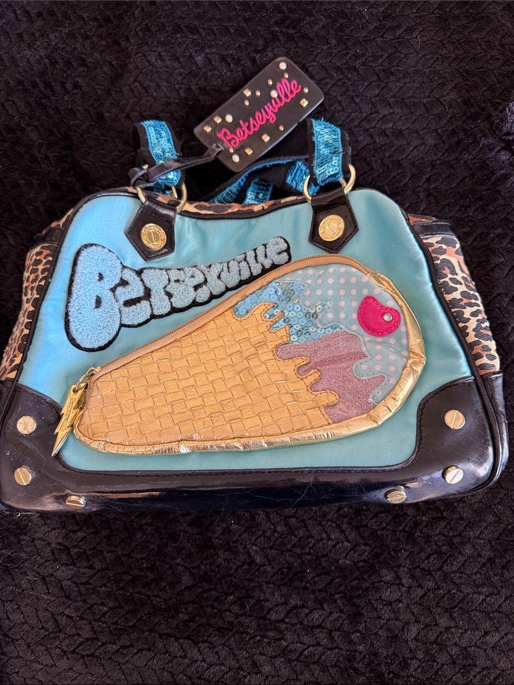 Betsey Johnson Aqua Ice Cream Patch Satchel with Leopard Trim